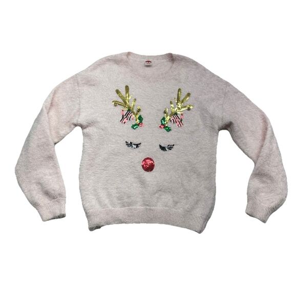 Holiday Time Womens Large Sweater Light Pink Reindeer Bells Sequins Fuzzy - Picture 1 of 7